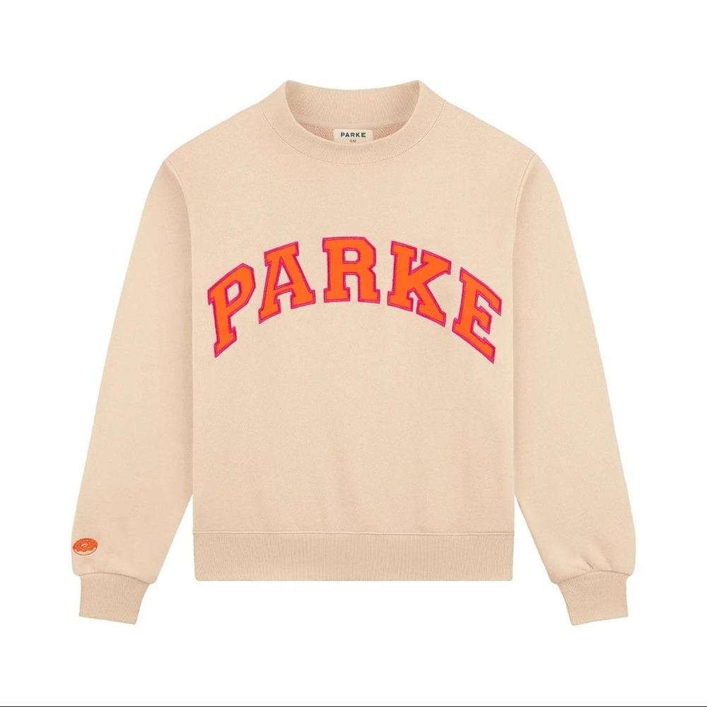 L/XL Parke x Dunkin varsity mockneck sweatshirt in color LATTE. 'PARKE' & cup